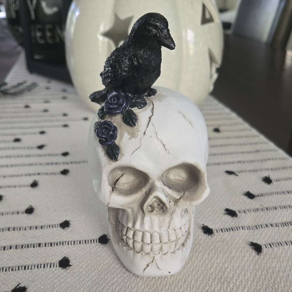 Decorative Skull with Black Crow and Roses